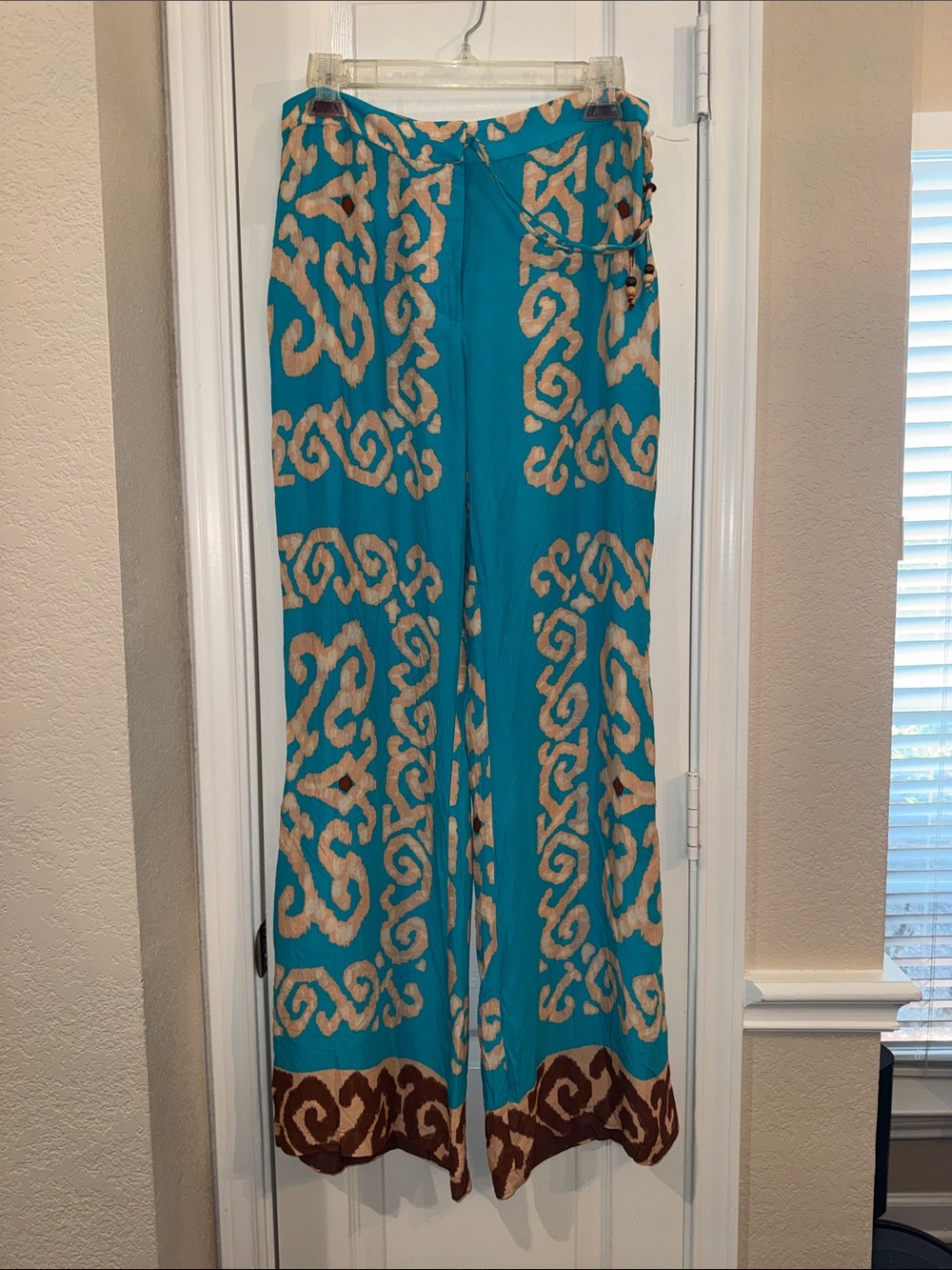 Zara Teal Wide-Leg Pants with Cream and Brown Print